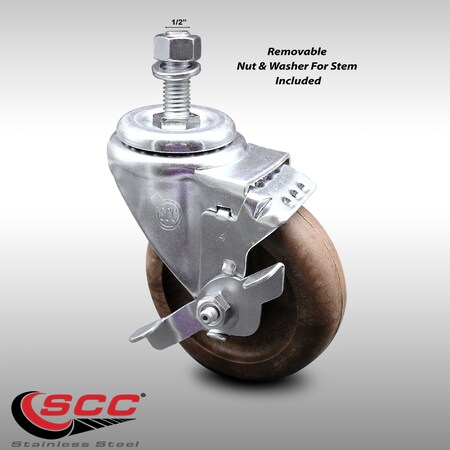 Service Caster 4 Inch SS High Temp Glass Filled Nylon 1/2 Inch Threaded Stem Caster with Brake SCC-SSTS20S414-GFNSHT-TLB-121315